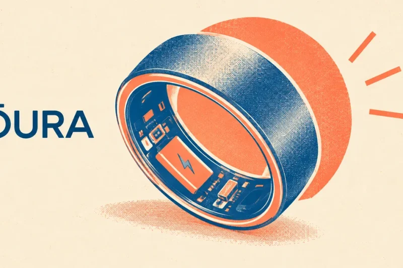 Risograph-style illustration in coral and navy of an Oura smart ring cut away to reveal the battery cell and circuitry inside the band, beside the Oura wordmark