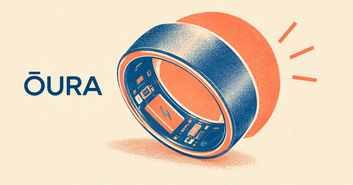 Risograph-style illustration in coral and navy of an Oura smart ring cut away to reveal the battery cell and circuitry inside the band, beside the Oura wordmark