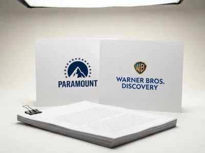 Studio still life of printed cards showing the Paramount and Warner Bros. Discovery logos behind a clipped stack of legal documents