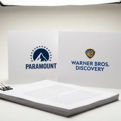 Studio still life of printed cards showing the Paramount and Warner Bros. Discovery logos behind a clipped stack of legal documents