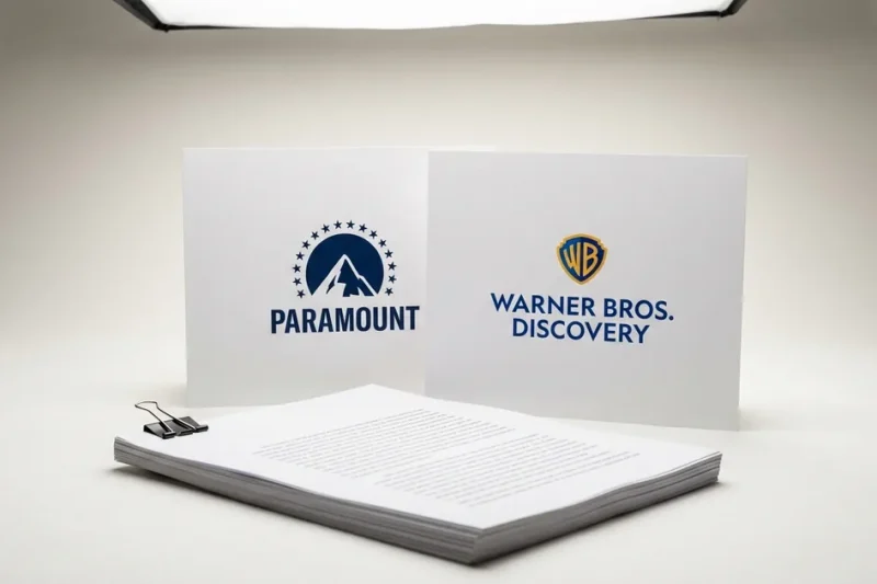 Studio still life of printed cards showing the Paramount and Warner Bros. Discovery logos behind a clipped stack of legal documents