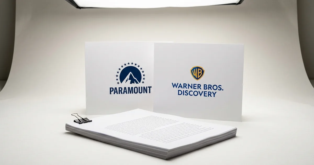 Studio still life of printed cards showing the Paramount and Warner Bros. Discovery logos behind a clipped stack of legal documents