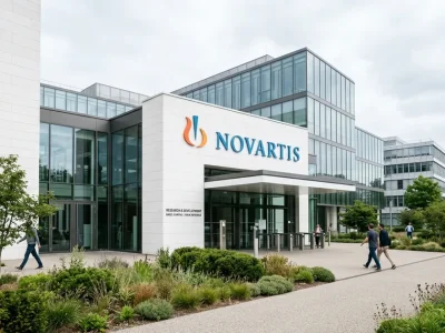Entrance to a modern Novartis pharmaceutical research campus under overcast daylight, with the Novartis logo on the building signage