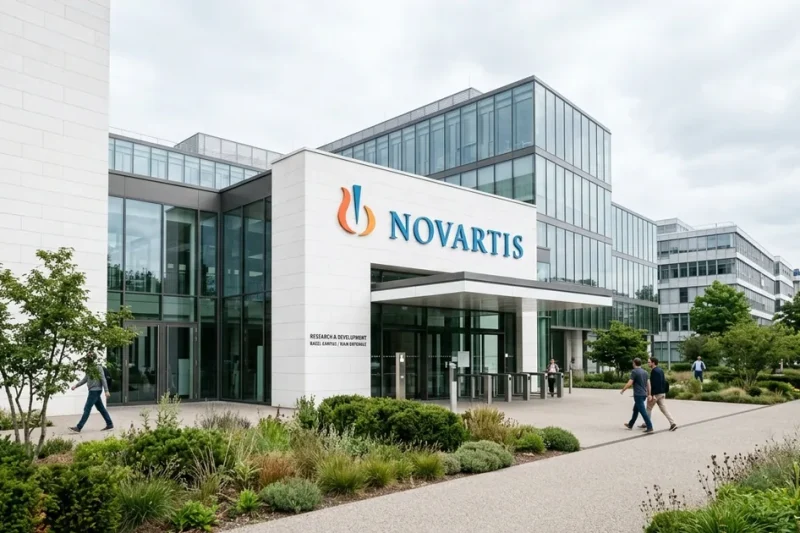 Entrance to a modern Novartis pharmaceutical research campus under overcast daylight, with the Novartis logo on the building signage