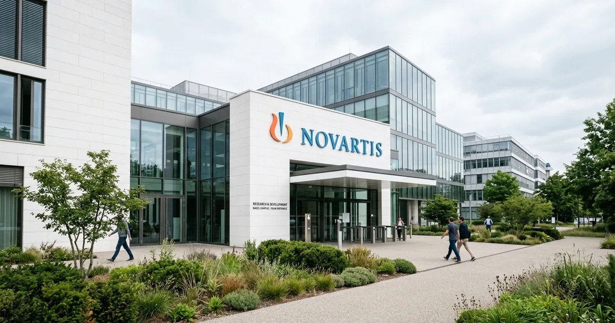 Entrance to a modern Novartis pharmaceutical research campus under overcast daylight, with the Novartis logo on the building signage