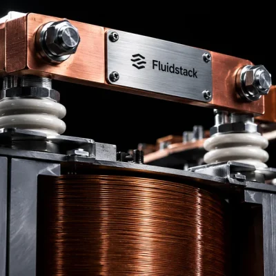 Close up of a copper transformer winding and switchgear busbar with a brushed steel nameplate reading Fluidstack