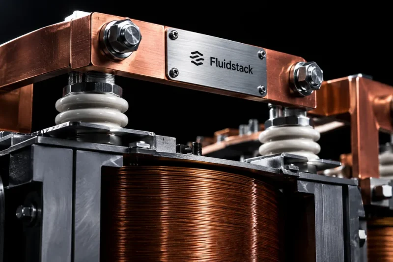 Close up of a copper transformer winding and switchgear busbar with a brushed steel nameplate reading Fluidstack