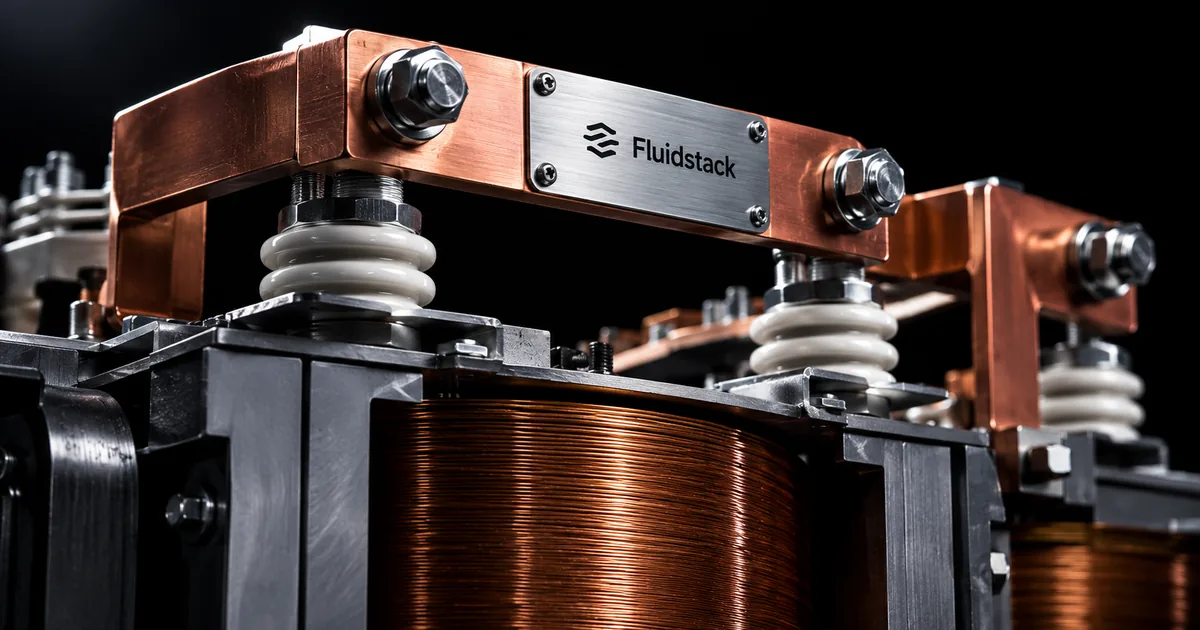 Close up of a copper transformer winding and switchgear busbar with a brushed steel nameplate reading Fluidstack