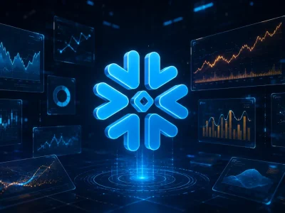 Glowing Snowflake logo centrepiece surrounded by floating cyan and amber chart panels on a dark navy display