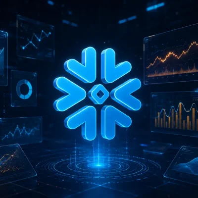 Glowing Snowflake logo centrepiece surrounded by floating cyan and amber chart panels on a dark navy display