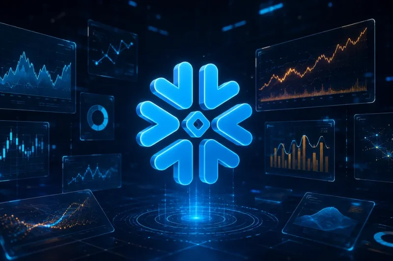 Glowing Snowflake logo centrepiece surrounded by floating cyan and amber chart panels on a dark navy display