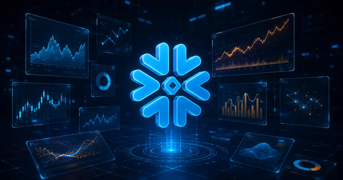 Glowing Snowflake logo centrepiece surrounded by floating cyan and amber chart panels on a dark navy display