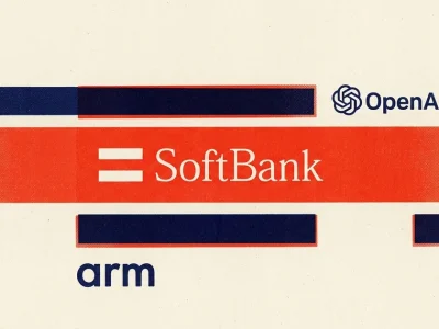 Risograph style poster showing SoftBank, OpenAI and Arm logos on stacked bars representing a capital structure