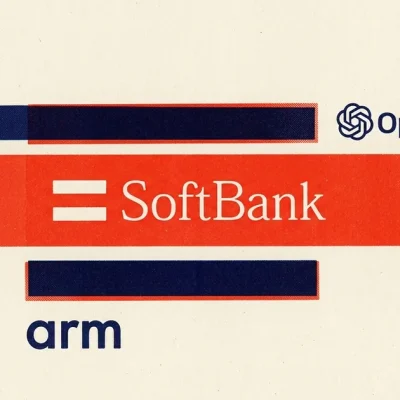 Risograph style poster showing SoftBank, OpenAI and Arm logos on stacked bars representing a capital structure