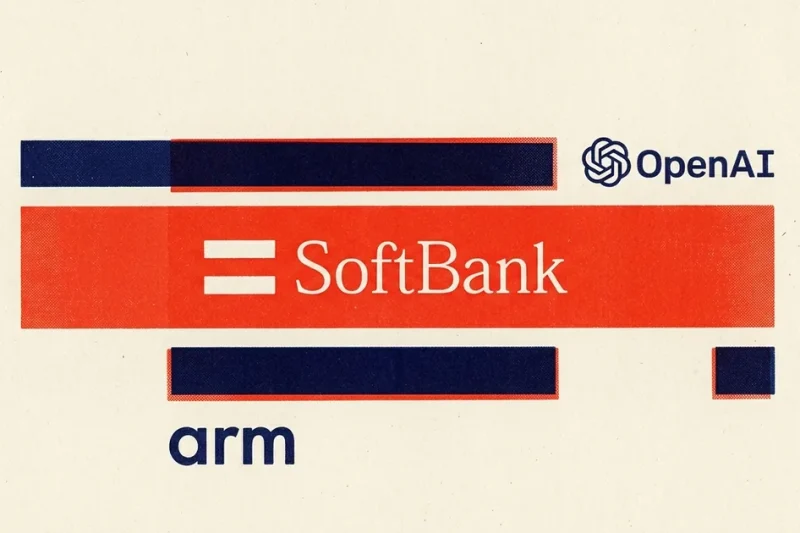 Risograph style poster showing SoftBank, OpenAI and Arm logos on stacked bars representing a capital structure