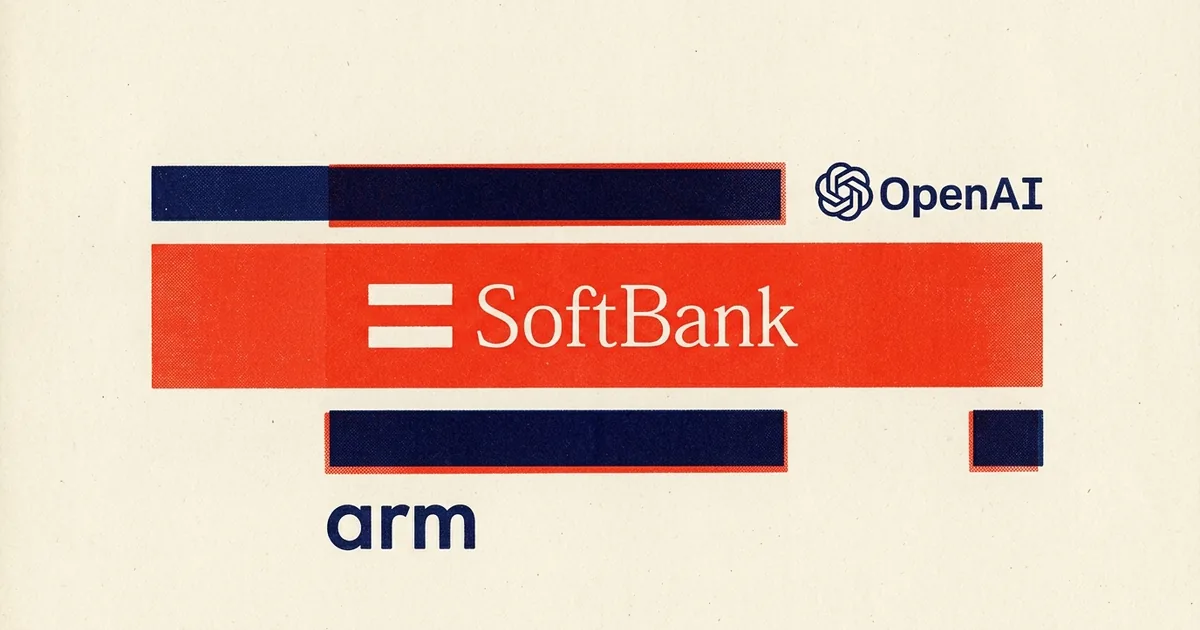 Risograph style poster showing SoftBank, OpenAI and Arm logos on stacked bars representing a capital structure