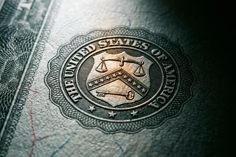 Extreme macro of an engraved United States Treasury bond certificate showing the Department of the Treasury seal in raking light