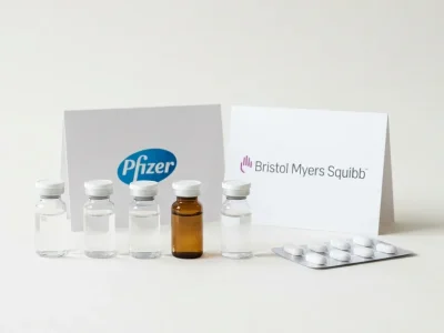 High-key studio still life of clear and amber pharmaceutical vials and a blister pack of tablets in front of printed cards showing the Pfizer and Bristol Myers Squibb wordmarks