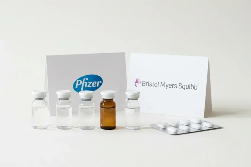 High-key studio still life of clear and amber pharmaceutical vials and a blister pack of tablets in front of printed cards showing the Pfizer and Bristol Myers Squibb wordmarks