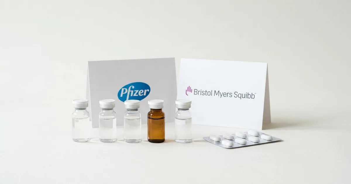 High-key studio still life of clear and amber pharmaceutical vials and a blister pack of tablets in front of printed cards showing the Pfizer and Bristol Myers Squibb wordmarks