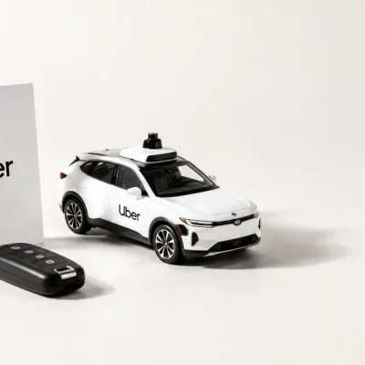 White studio still life with an Uber branded card, a car key fob and a model autonomous vehicle with roof lidar