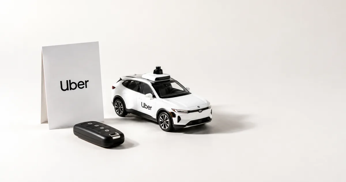 White studio still life with an Uber branded card, a car key fob and a model autonomous vehicle with roof lidar