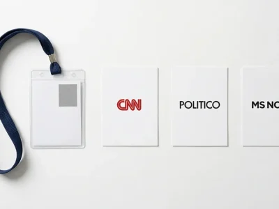 A blank White House-style press credential on a navy lanyard beside three white cards carrying the CNN, Politico and MS NOW logos on a white studio backdrop