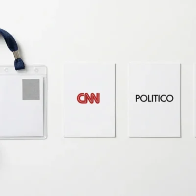 A blank White House-style press credential on a navy lanyard beside three white cards carrying the CNN, Politico and MS NOW logos on a white studio backdrop