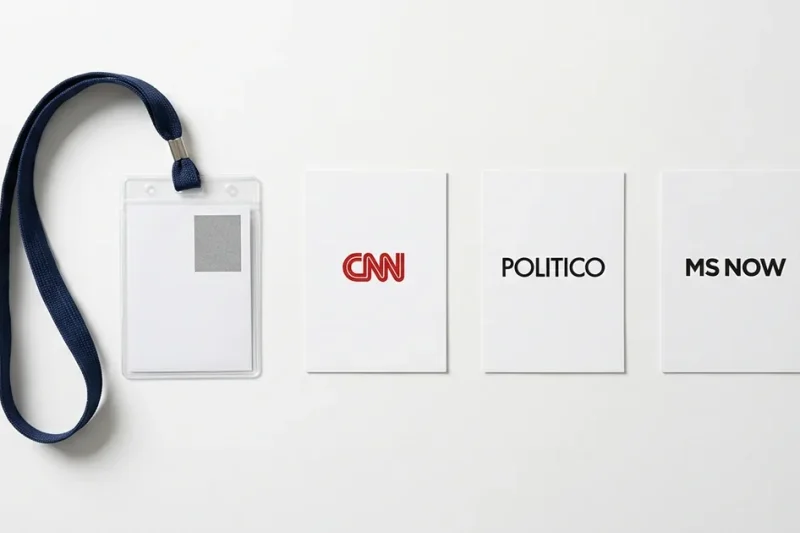 A blank White House-style press credential on a navy lanyard beside three white cards carrying the CNN, Politico and MS NOW logos on a white studio backdrop