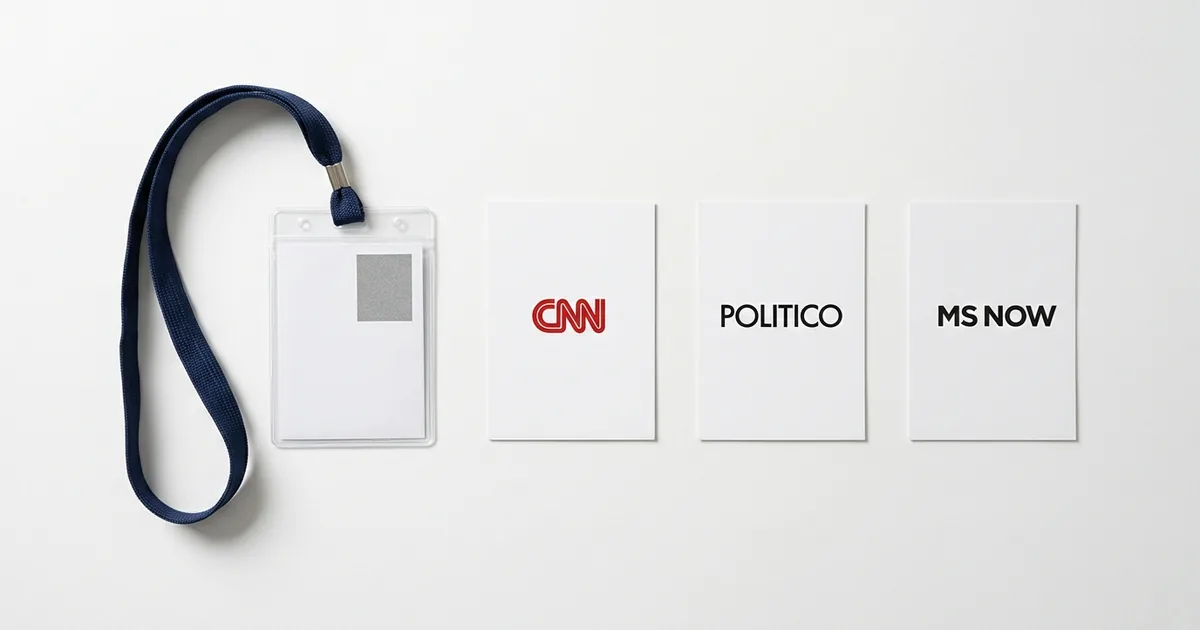 A blank White House-style press credential on a navy lanyard beside three white cards carrying the CNN, Politico and MS NOW logos on a white studio backdrop