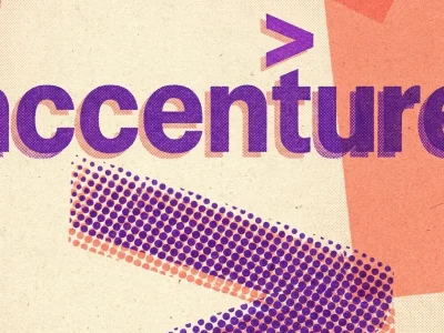 Risograph-style poster with the Accenture logo and a halftone arrow