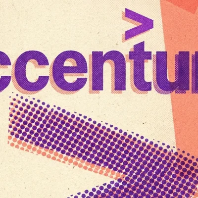 Risograph-style poster with the Accenture logo and a halftone arrow