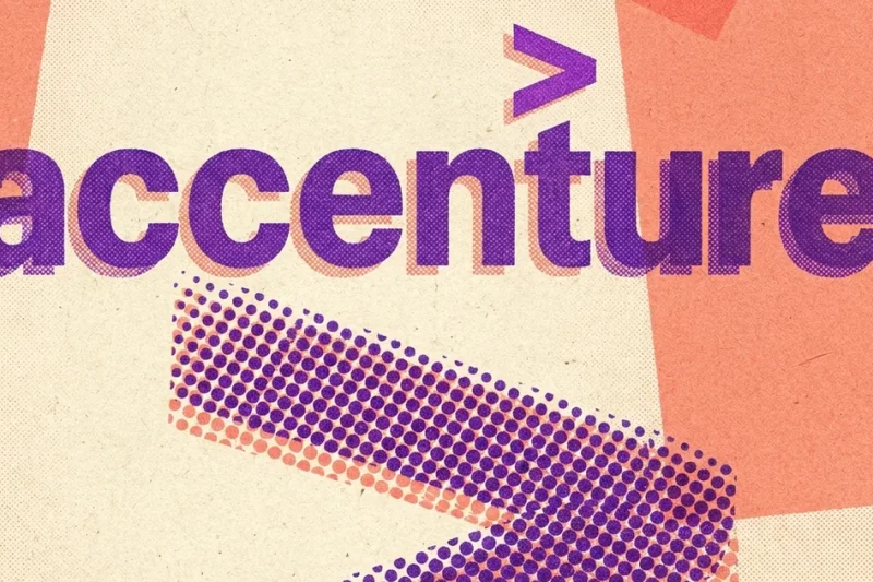 Risograph-style poster with the Accenture logo and a halftone arrow