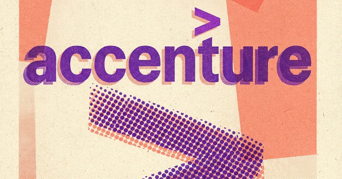 Risograph-style poster with the Accenture logo and a halftone arrow