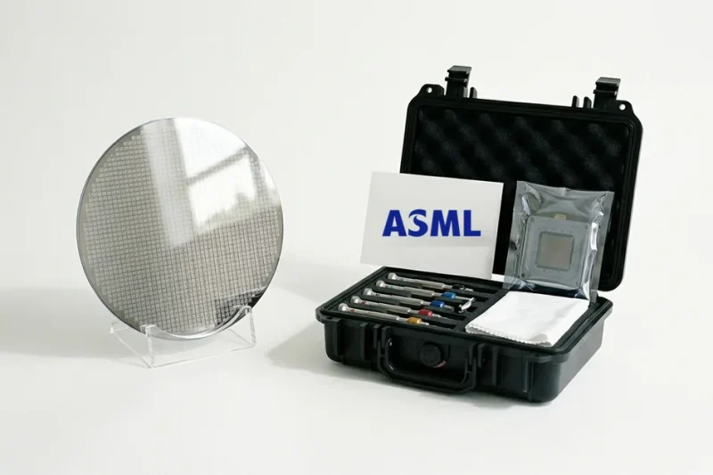 A silicon wafer in an acrylic stand beside an open field-service tool case and a printed card bearing the ASML logo on a white studio backdrop