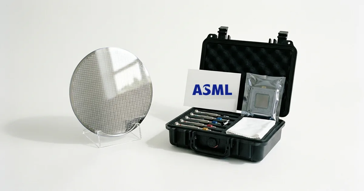 A silicon wafer in an acrylic stand beside an open field-service tool case and a printed card bearing the ASML logo on a white studio backdrop