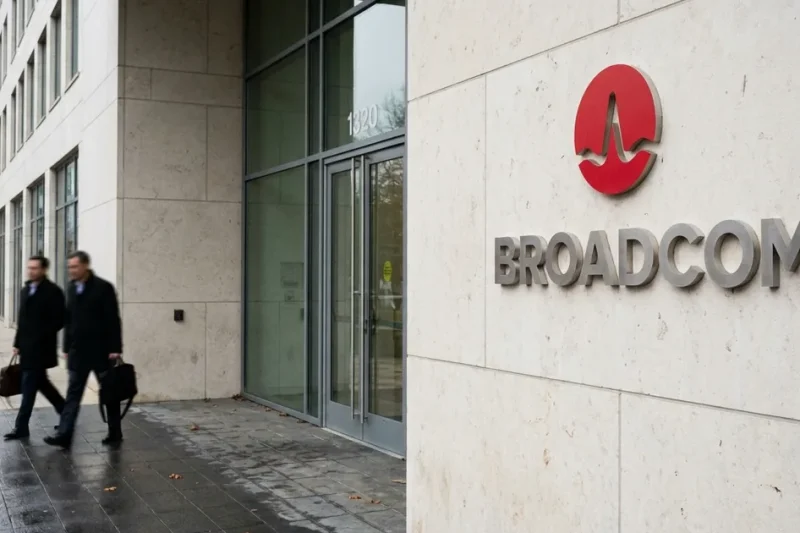 Red Broadcom logo and wordmark on a pale stone wall beside a glass office entrance as two workers walk past on wet pavement