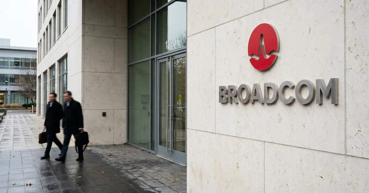 Red Broadcom logo and wordmark on a pale stone wall beside a glass office entrance as two workers walk past on wet pavement