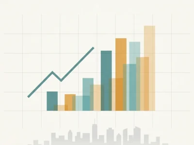 Abstract illustration of a rising line chart and bar chart over a city skyline