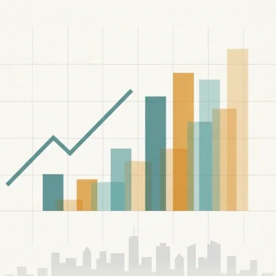 Abstract illustration of a rising line chart and bar chart over a city skyline