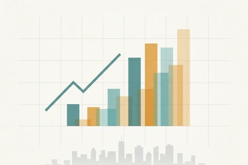 Abstract illustration of a rising line chart and bar chart over a city skyline