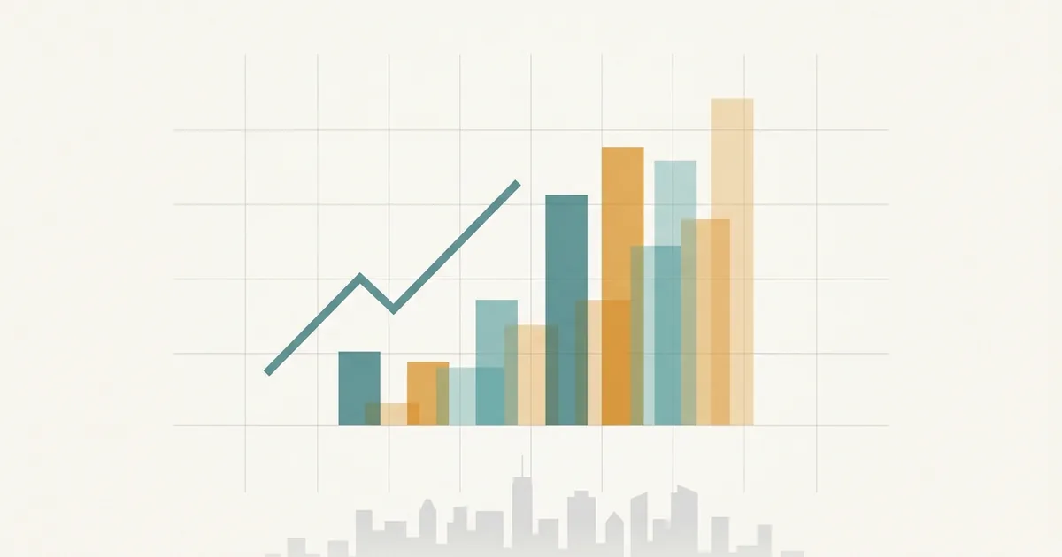 Abstract illustration of a rising line chart and bar chart over a city skyline