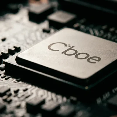 Macro photo of a chip engraved with the Cboe logo on a circuit board