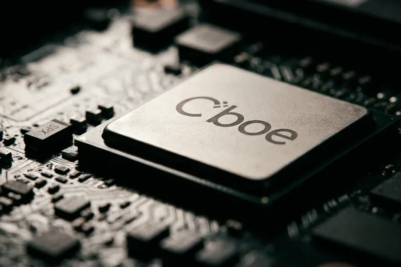 Macro photo of a chip engraved with the Cboe logo on a circuit board
