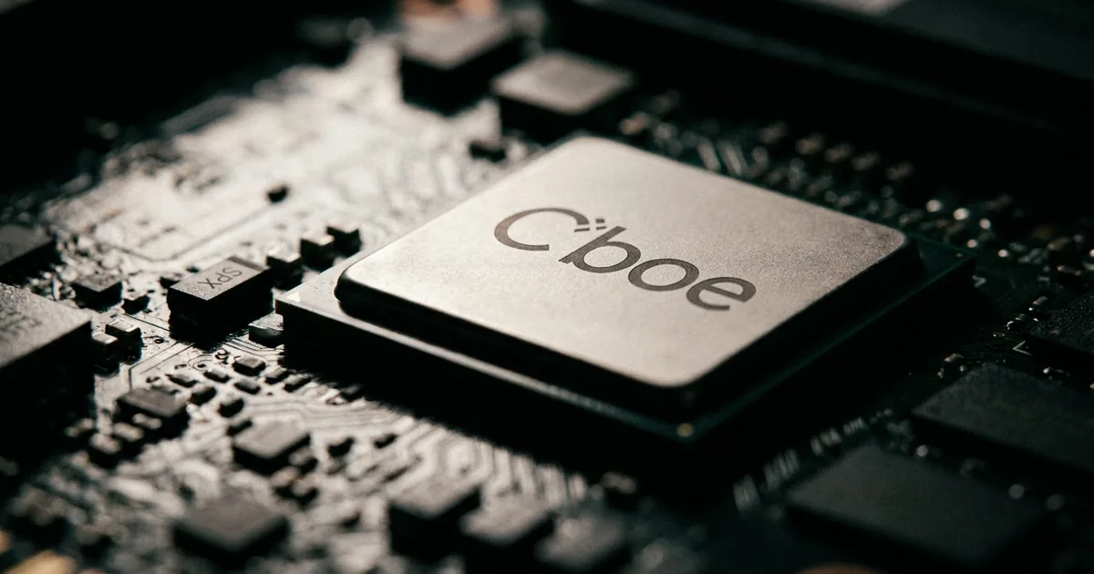 Macro photo of a chip engraved with the Cboe logo on a circuit board