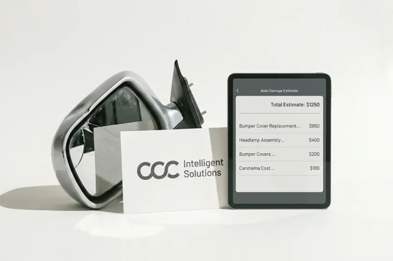 Studio still life of a cracked car side mirror, a card with the CCC Intelligent Solutions logo and a tablet showing an auto damage estimate