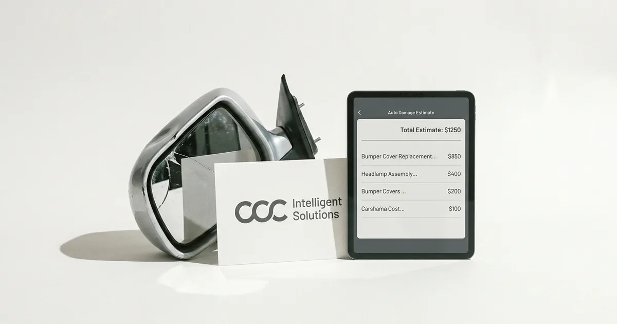 Studio still life of a cracked car side mirror, a card with the CCC Intelligent Solutions logo and a tablet showing an auto damage estimate