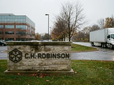 Stone monument sign bearing the C.H. Robinson logo outside an office building on an overcast day, a white semi truck driving past