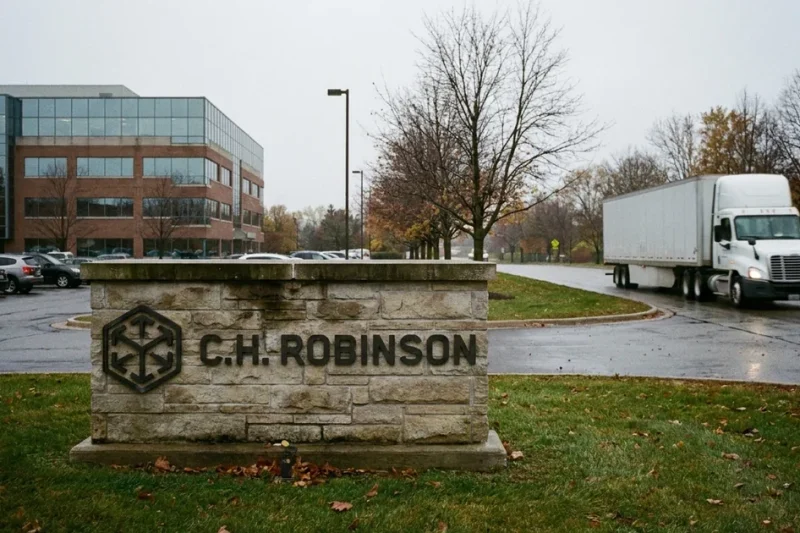 Stone monument sign bearing the C.H. Robinson logo outside an office building on an overcast day, a white semi truck driving past