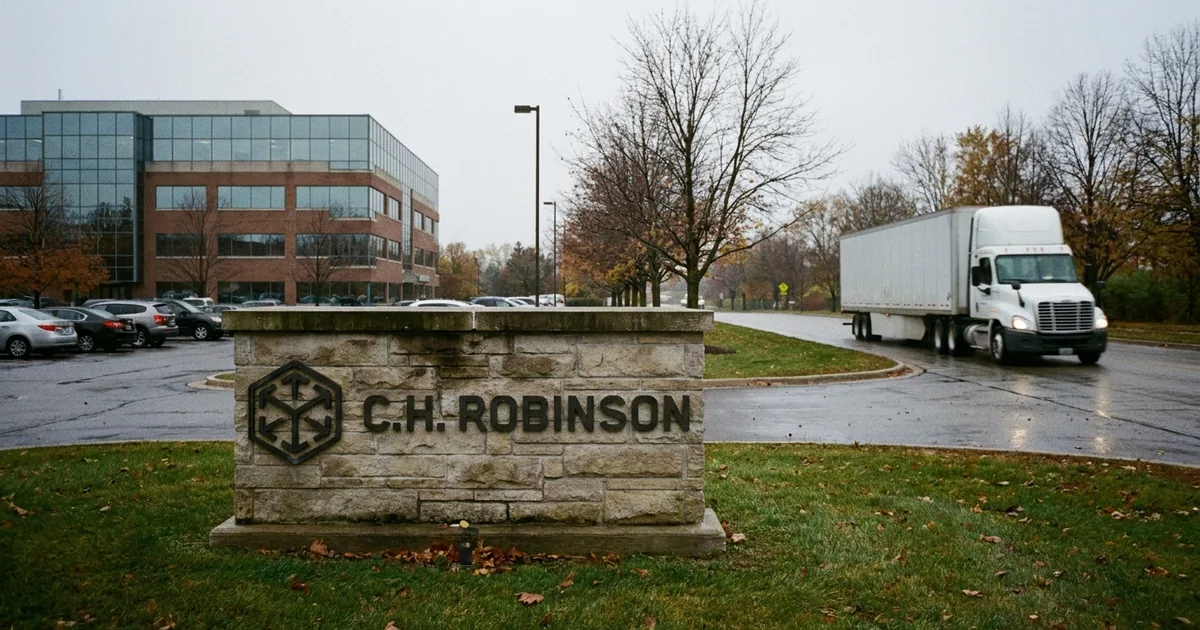 Stone monument sign bearing the C.H. Robinson logo outside an office building on an overcast day, a white semi truck driving past
